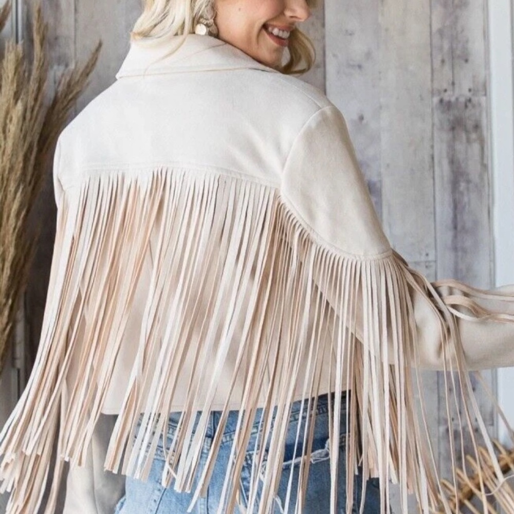 Fringed Suede Leather Jacket - Cream - Picture 2 of 2